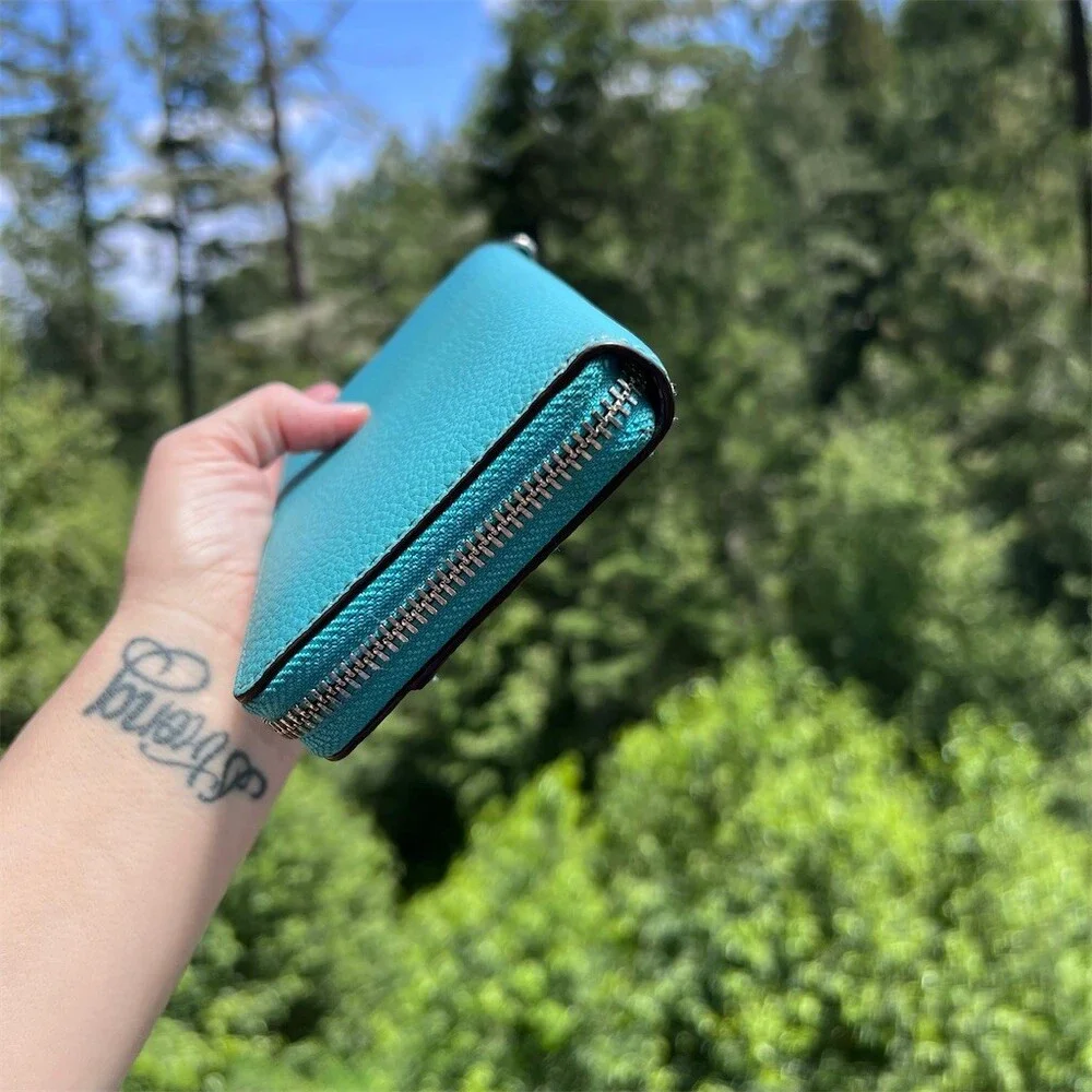 COACH Long Zip-Around Teal Blue Pebble Leather Wallet Silver Hardware AUTHENTIC